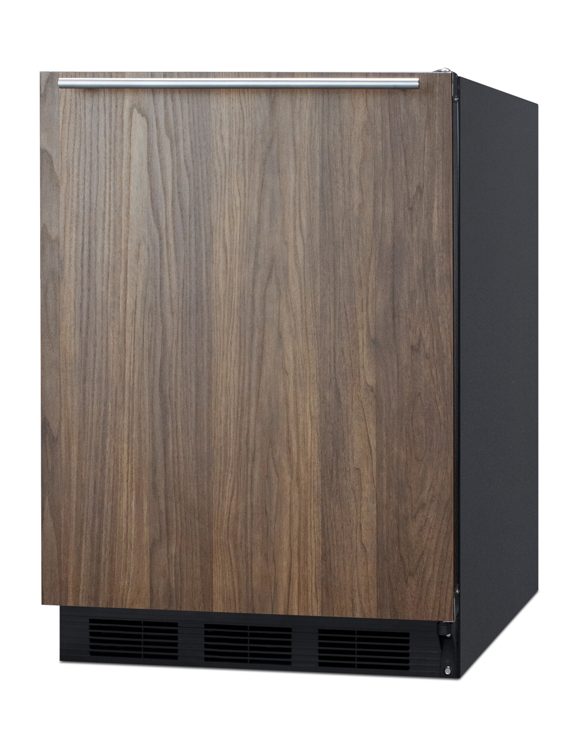 Built-in undercounter all-refrigerator for residential use, auto defrost with black exterior and pre-installed engineered wood panel door in a walnut finish